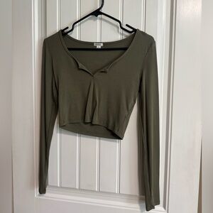 Garage Olive Ribbed Long Sleeve Crop Top